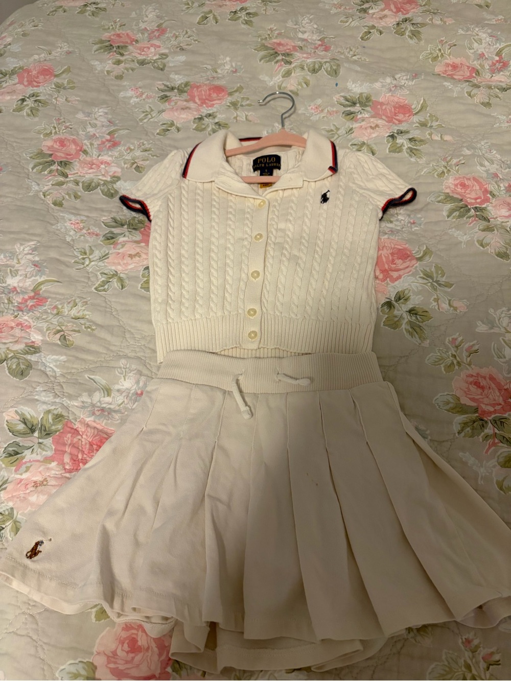 Ralph Lauren Cream Polo Cable-Knit Top & Pleated Skort Set with Navy & Red Trim